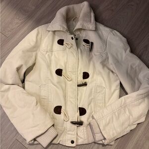 American Eagle Outfitters Cream Toggle Teddy Jacket with Brown Accents